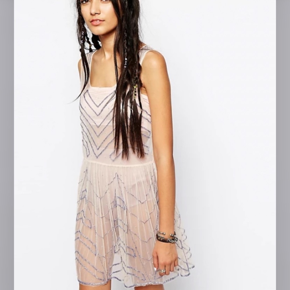 Free People blush mesh beaded tunic slip dress